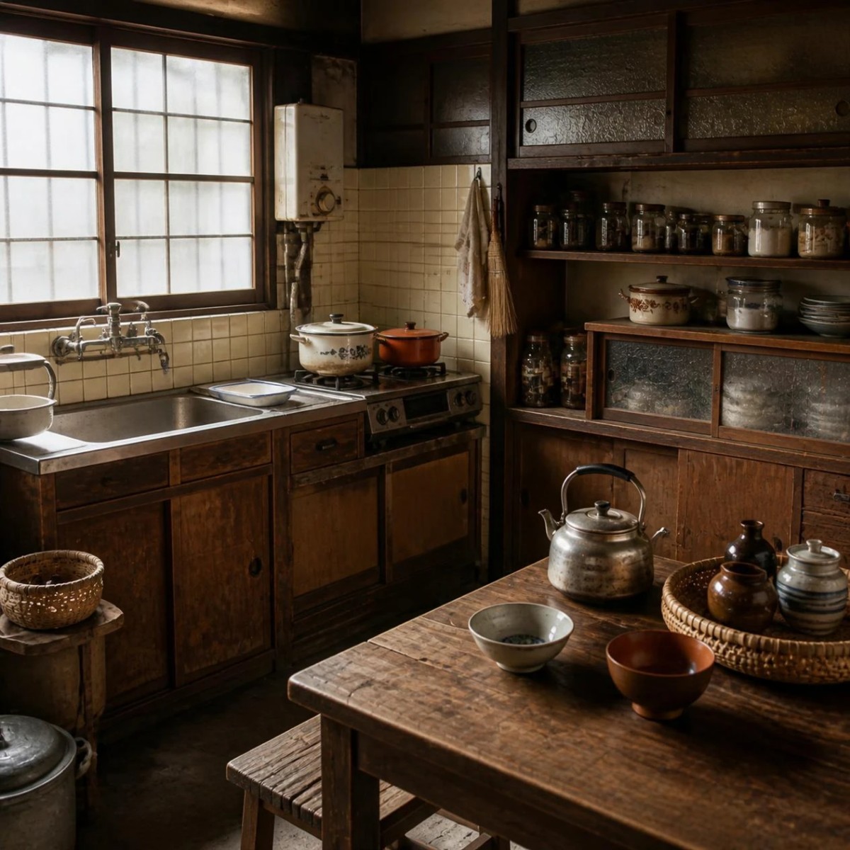 昔ながらの台所。流しとコンロ、棚に並ぶ瓶、板の間の食卓にやかんと茶碗