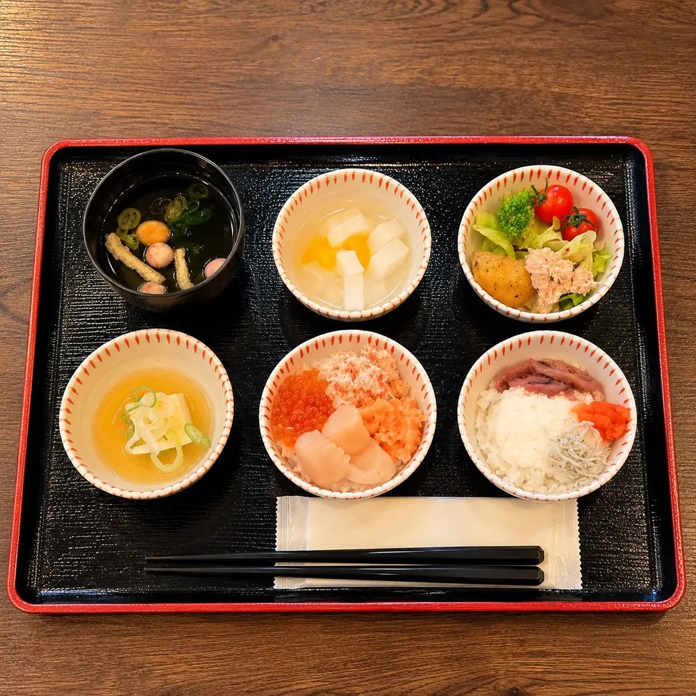 小さな海鮮丼など、小鉢が並ぶ2日目の朝食