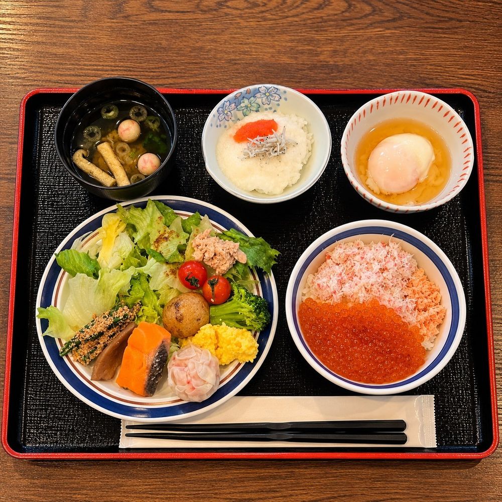 朝食のプレートと小さな海鮮丼