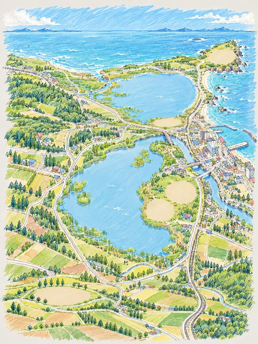 網走のイラストマップ。能取岬、能取湖、網走湖、網走市街、女満別方面の丘の位置関係